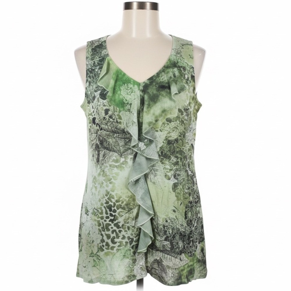 B.L.E.U. Green Floral Ruffle Front Tank L Sleeveless Blouse Mesh‎ Layer V-Neck